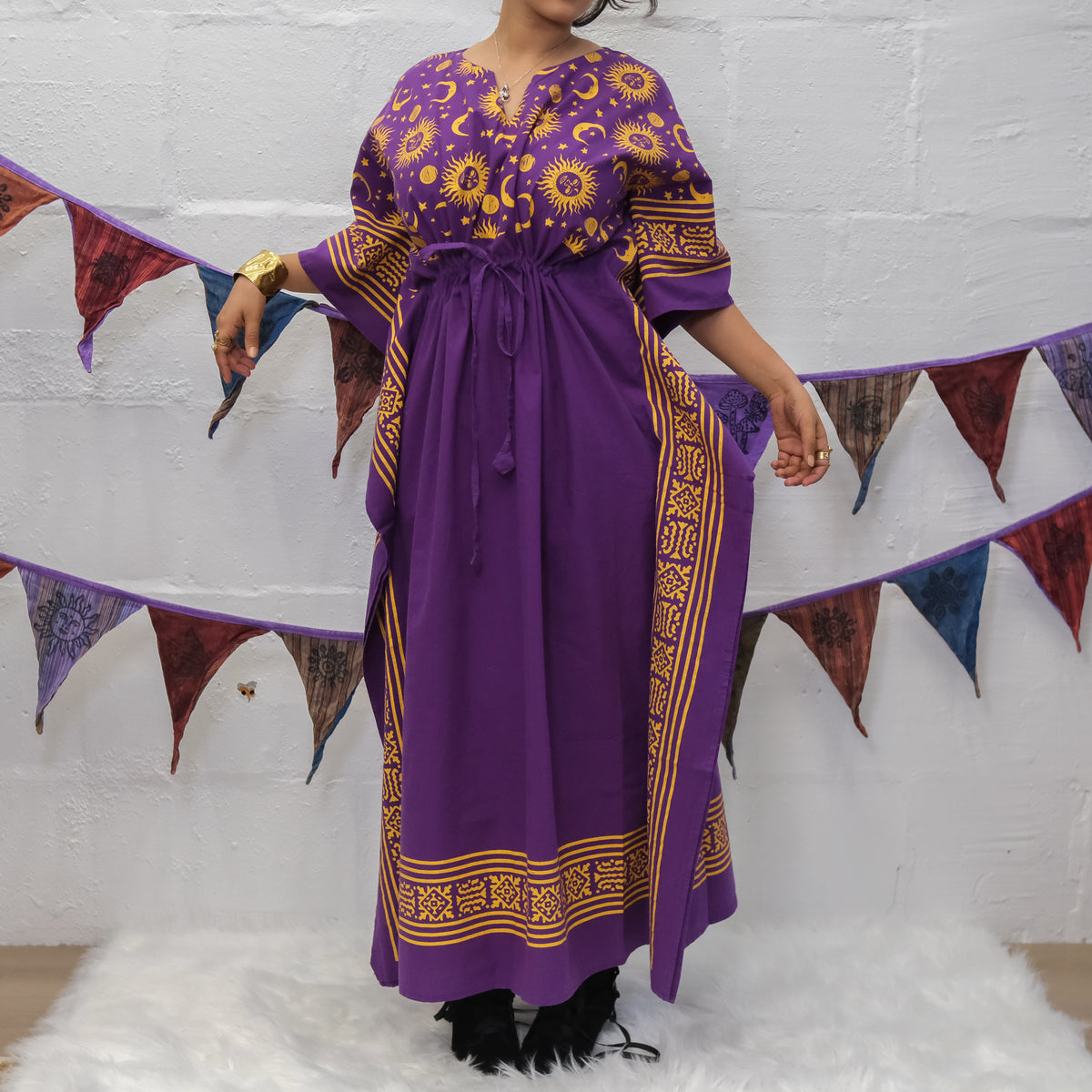 Celestial Sun & Moon Hamsa Kaftan Maxi Dress with Pockets