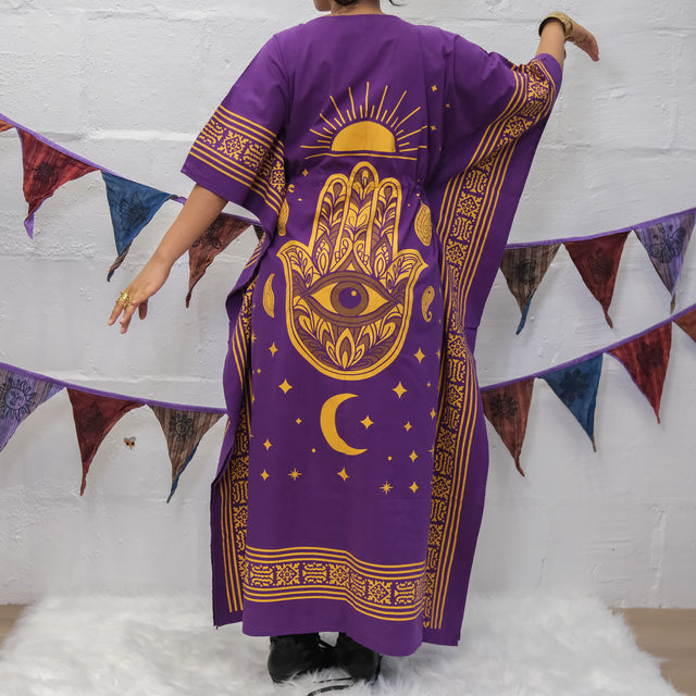 Celestial Sun & Moon Hamsa Kaftan Maxi Dress with Pockets