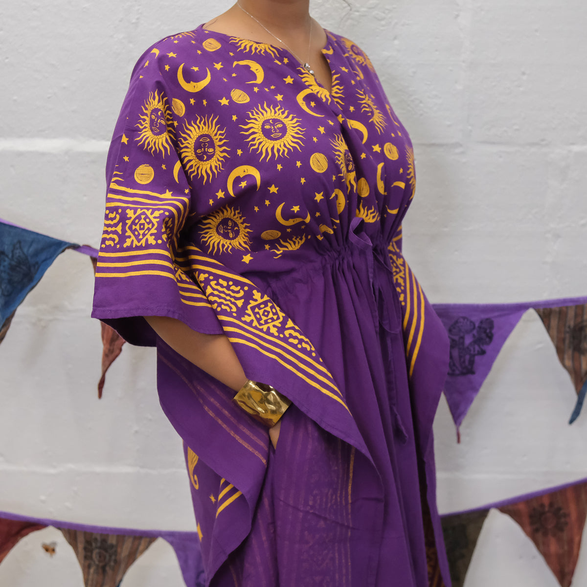 Celestial Sun & Moon Hamsa Kaftan Maxi Dress with Pockets