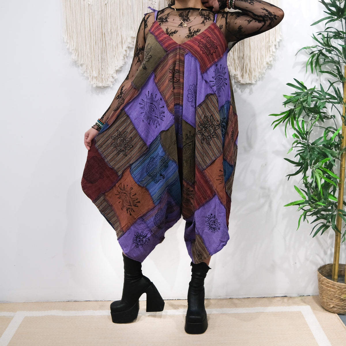 Patchwork Flowy Cotton Jumpsuit with Pockets – karmanepalcrafts