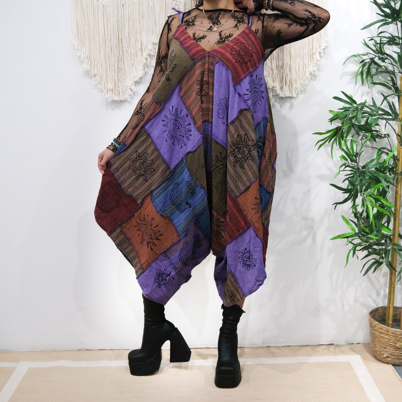 Patchwork Flowy Cotton Jumpsuit with Pockets