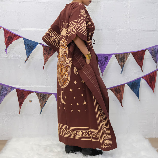 Celestial Sun & Moon Hamsa Kaftan Maxi Dress with Pockets