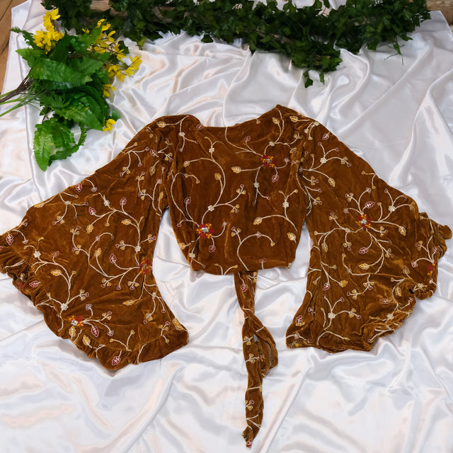 Emerald Whimsy Velvet Hand Embroidered Wrap Top