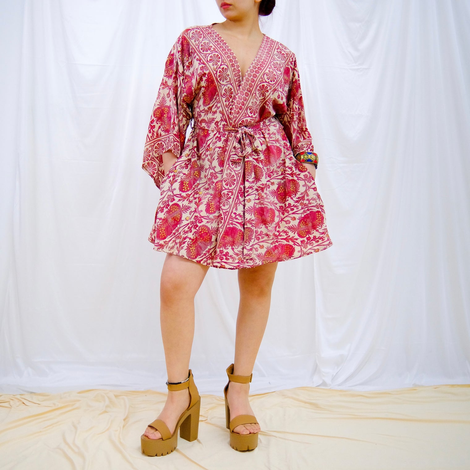 Recycled Boho Silk Short Kimono with Pockets