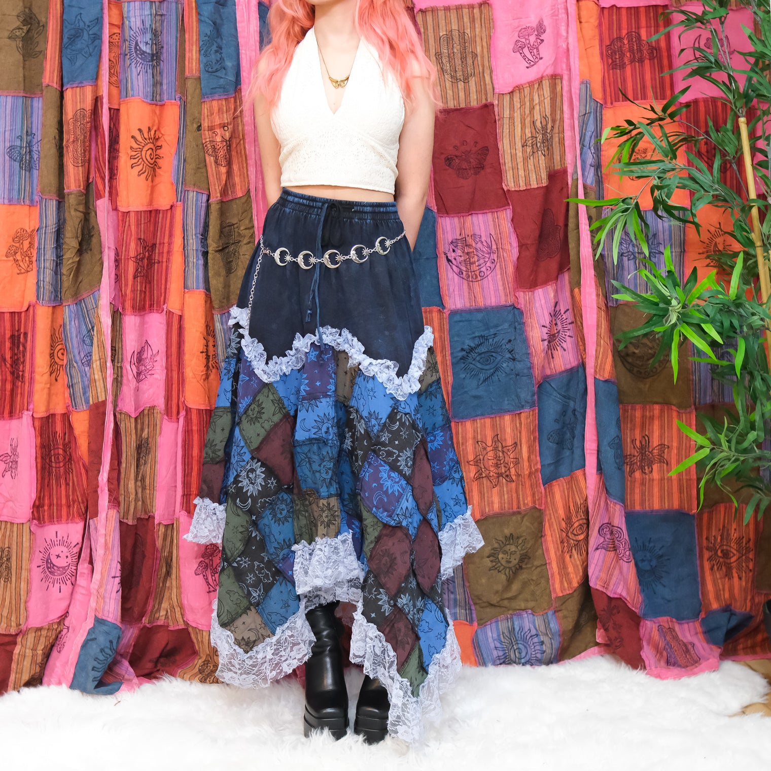 Patchwork Celestial Lace Asymmetrical Skirt