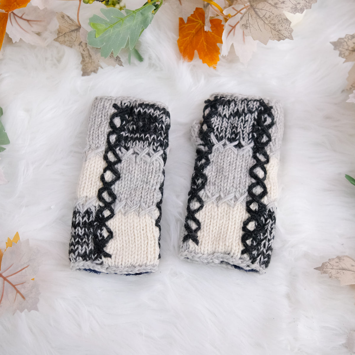 Hand Knit Patch Handwarmers with Fleece Lining
