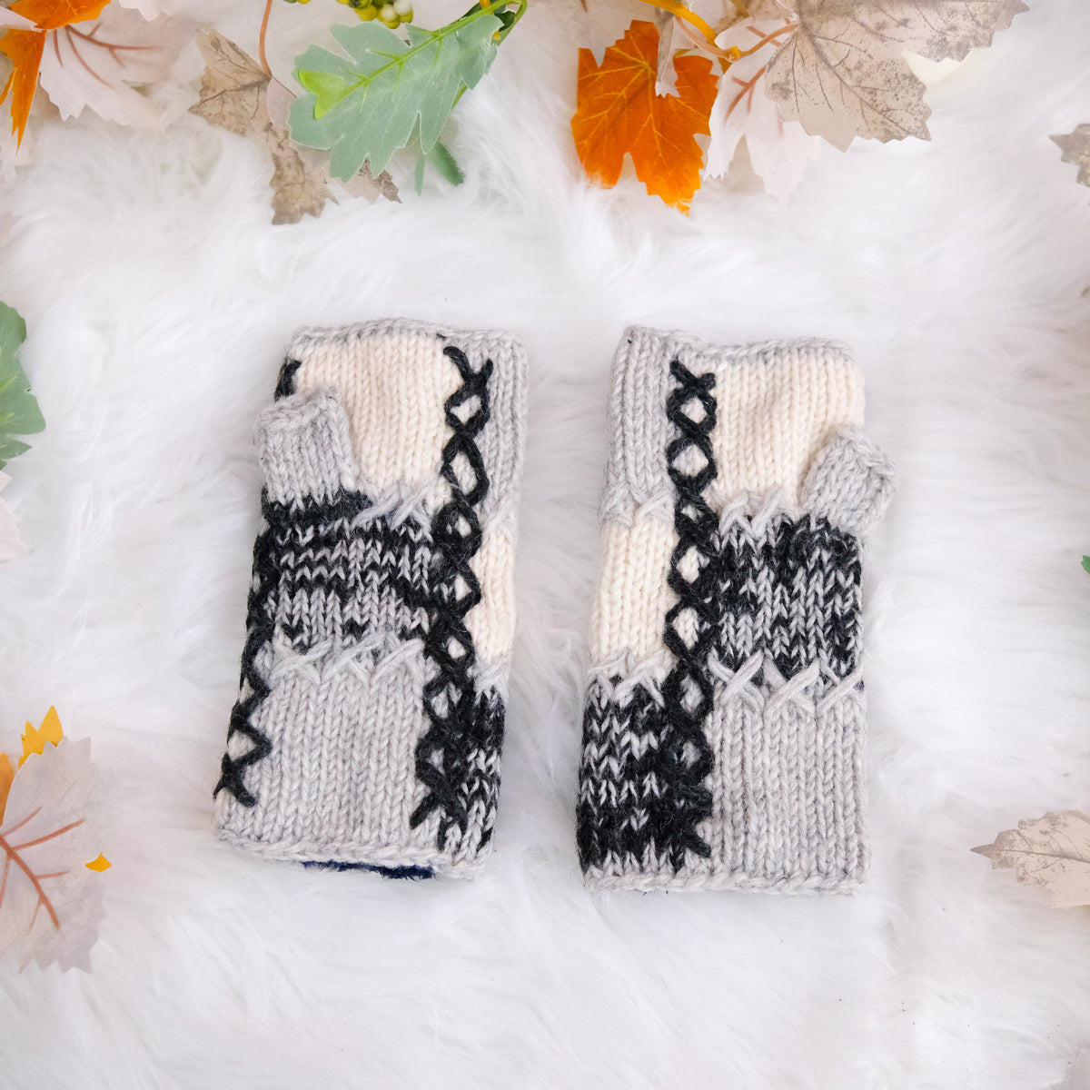 Hand Knit Patch Handwarmers with Fleece Lining