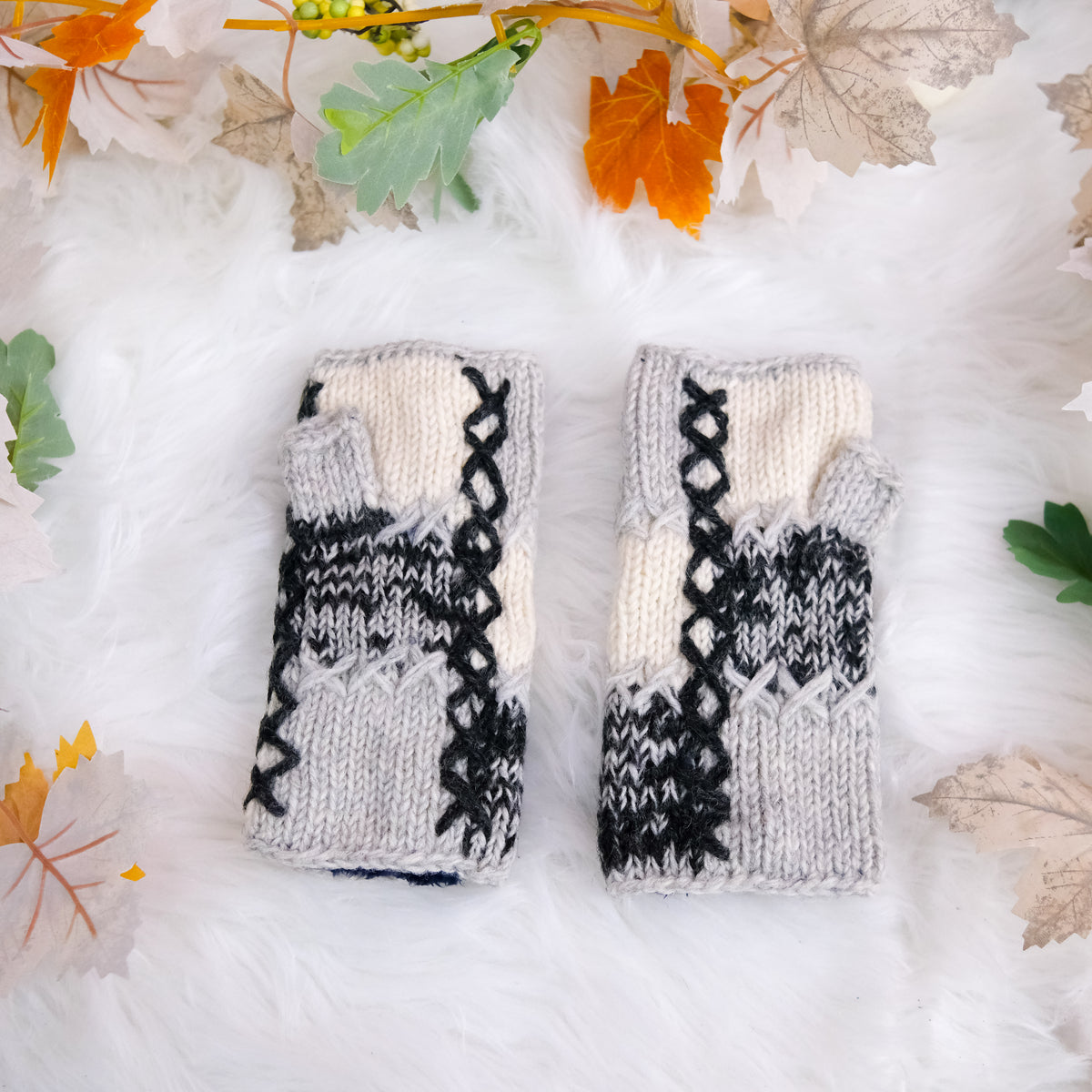Hand Knit Patch Handwarmers with Fleece Lining