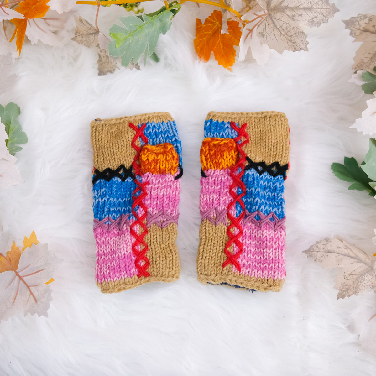 Hand Knit Patch Handwarmers with Fleece Lining
