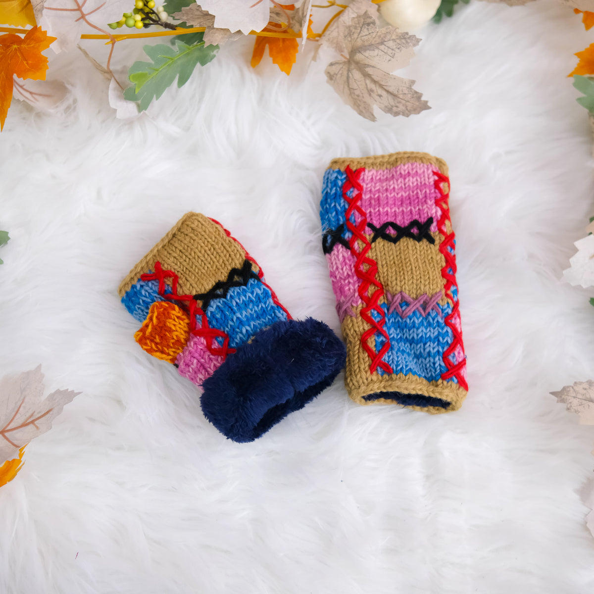 Hand Knit Patch Handwarmers with Fleece Lining