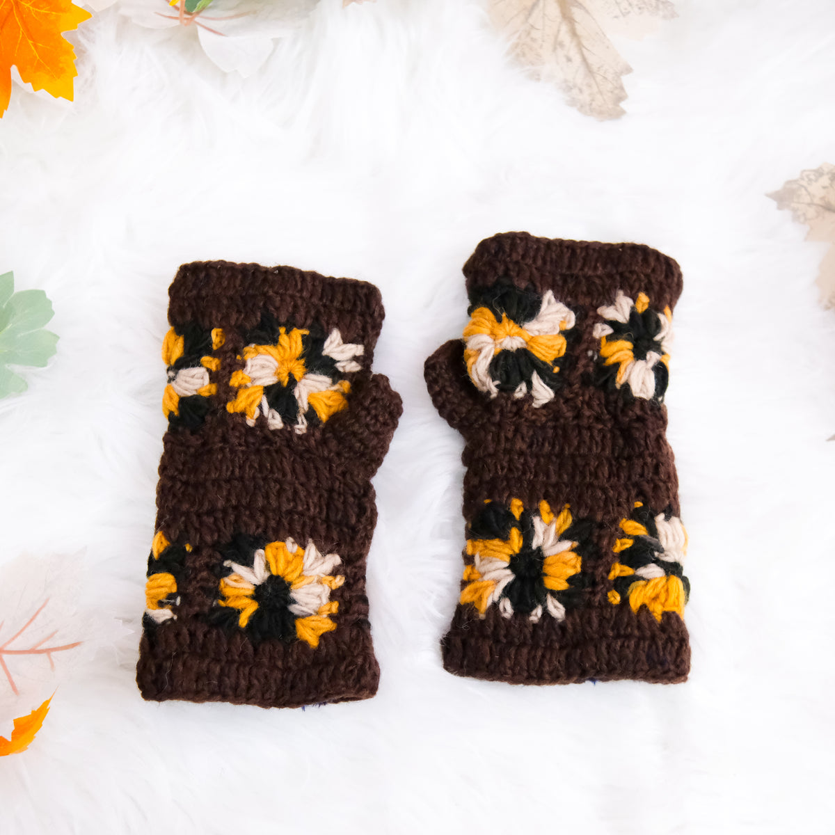 Hand Knitted Crochet Flower Design Hand Warmer