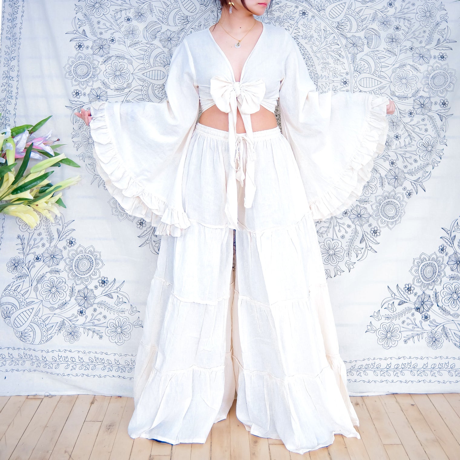 Flowy Tiered Cotton Pants with Ruffle Top