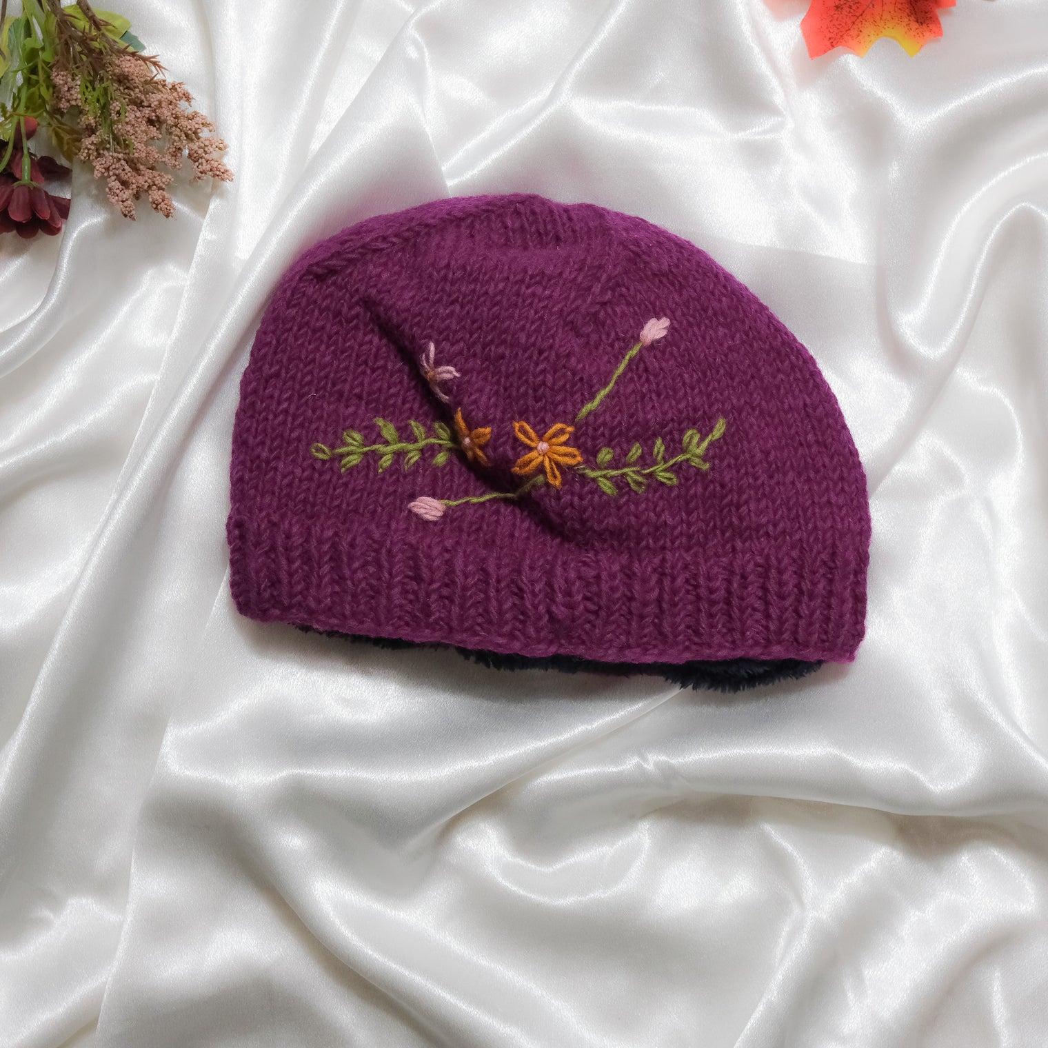 Knitted Floral Embroidery Beanie