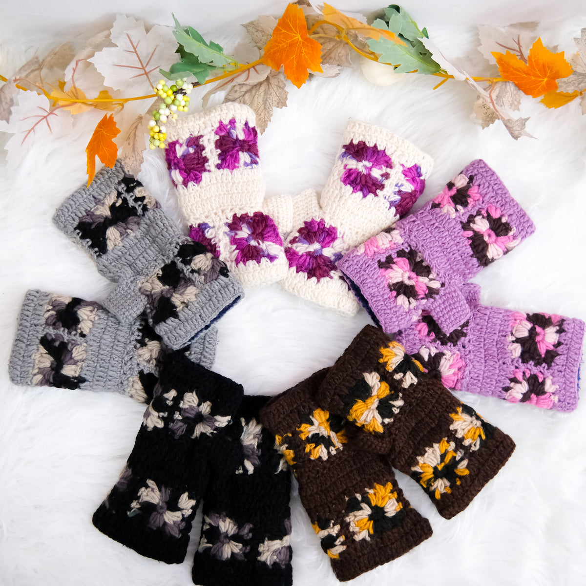 Hand Knitted Crochet Flower Design Hand Warmer