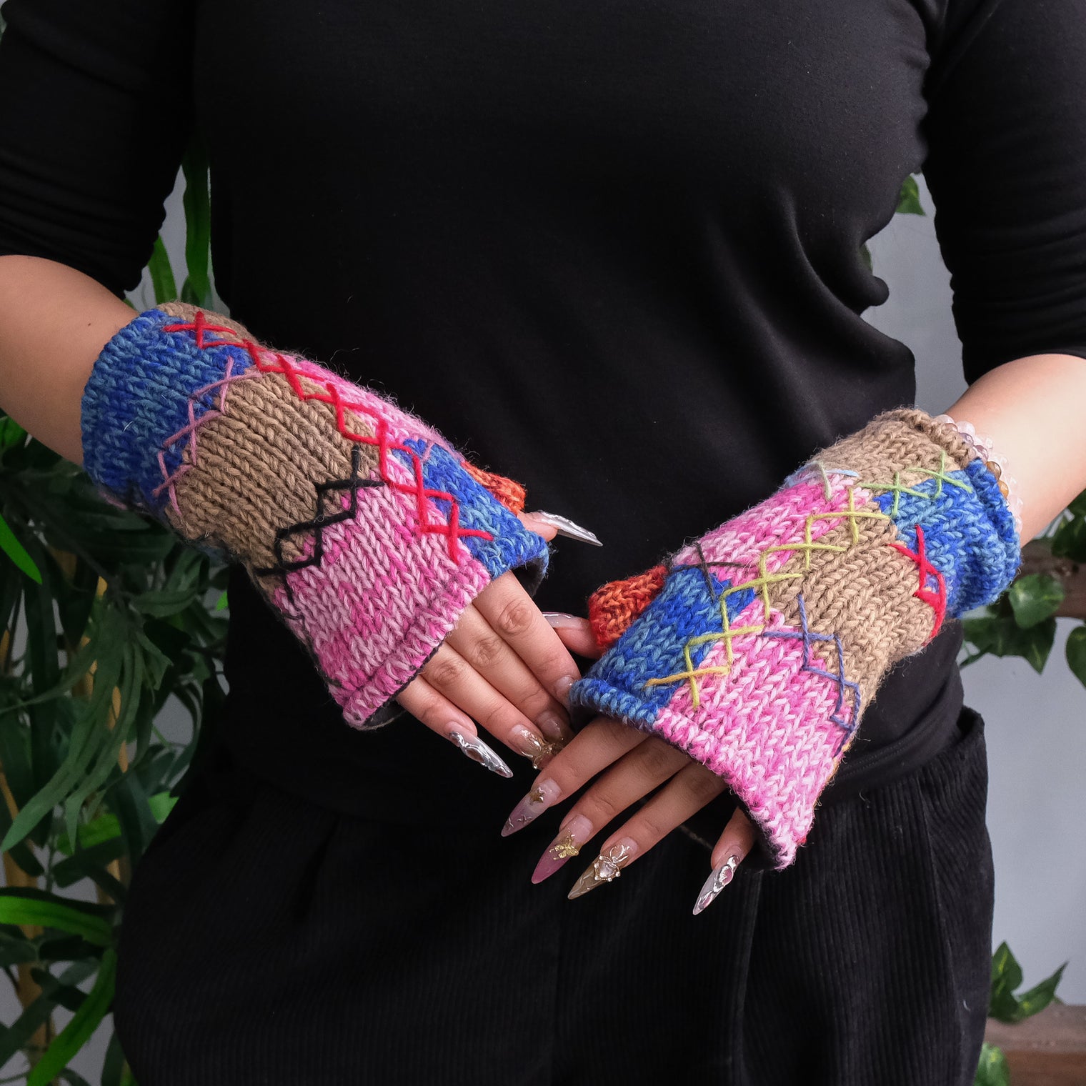 Hand Knit Patch Handwarmers with Fleece Lining