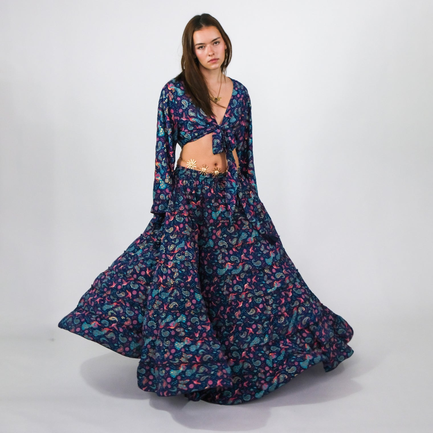 Wanderer Aviary Flowy Skirt and Ruffle Sleeve Top