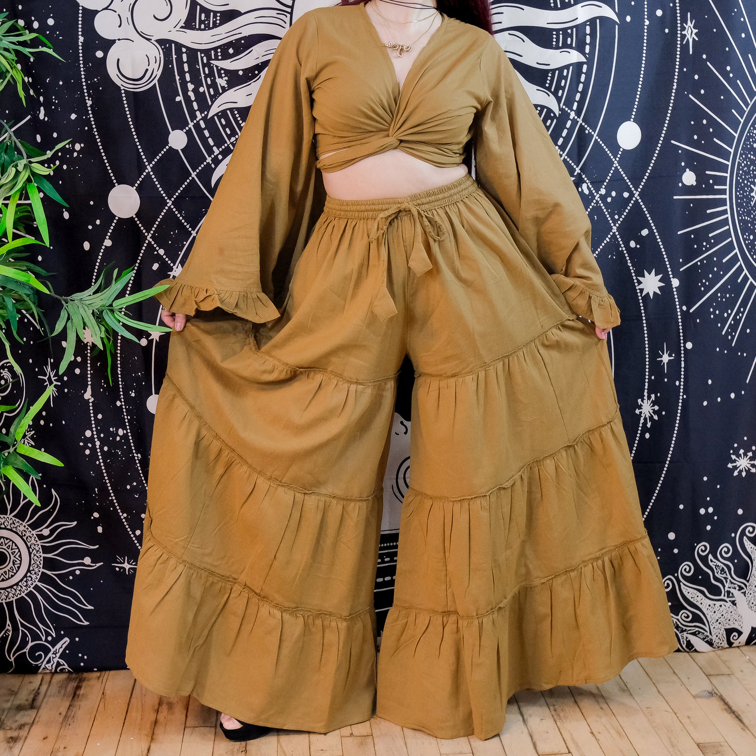 Flowy Tiered Cotton Pants with Ruffle Top