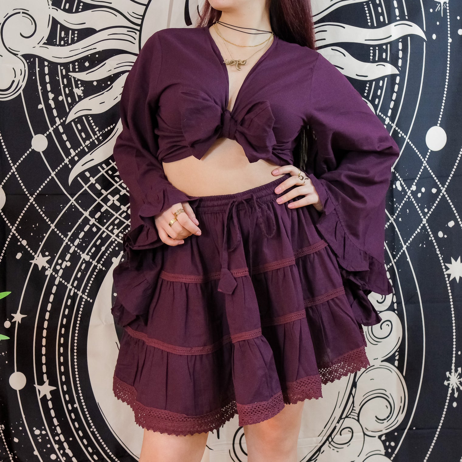 Lace Meadow Mini Skirt with Ruffle Sleeve Top