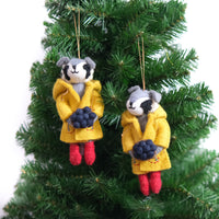 Handmade Felt Woodland Badger Ornament with Yellow Raincoat
