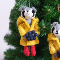 Handmade Felt Woodland Badger Ornament with Yellow Raincoat
