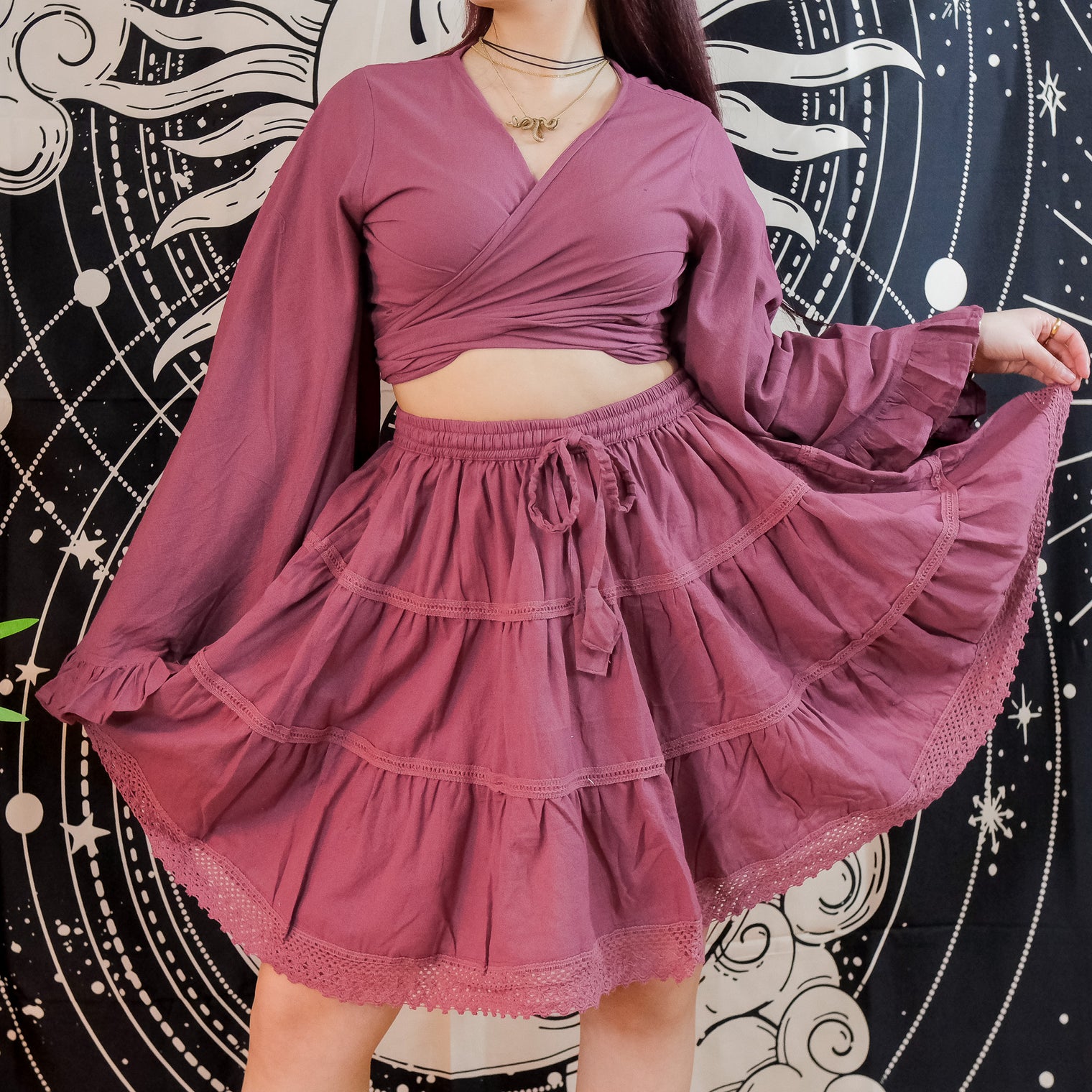 Lace Meadow Mini Skirt with Ruffle Sleeve Top