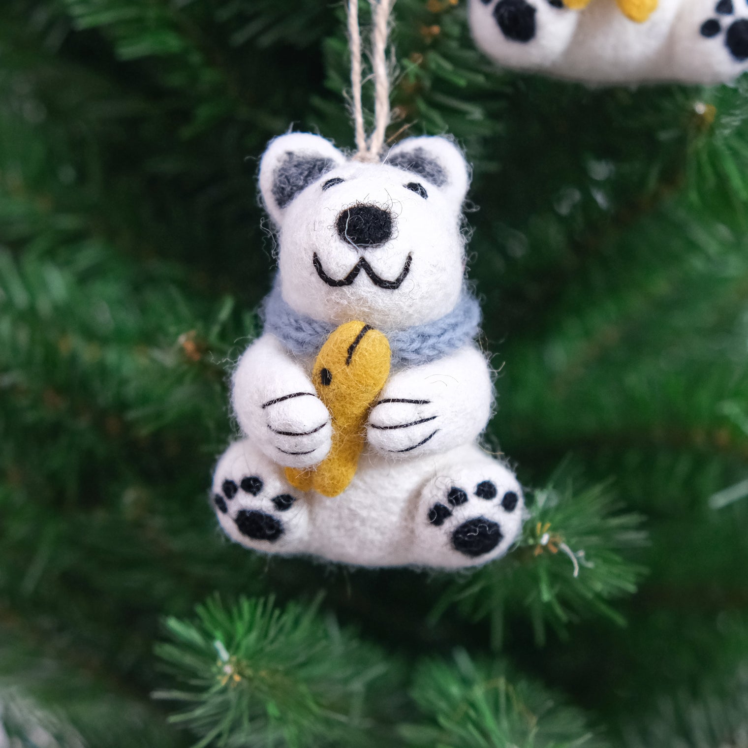 Handmade Felt Polar Bear Ornament with Fish