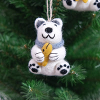 Handmade Felt Polar Bear Ornament with Fish