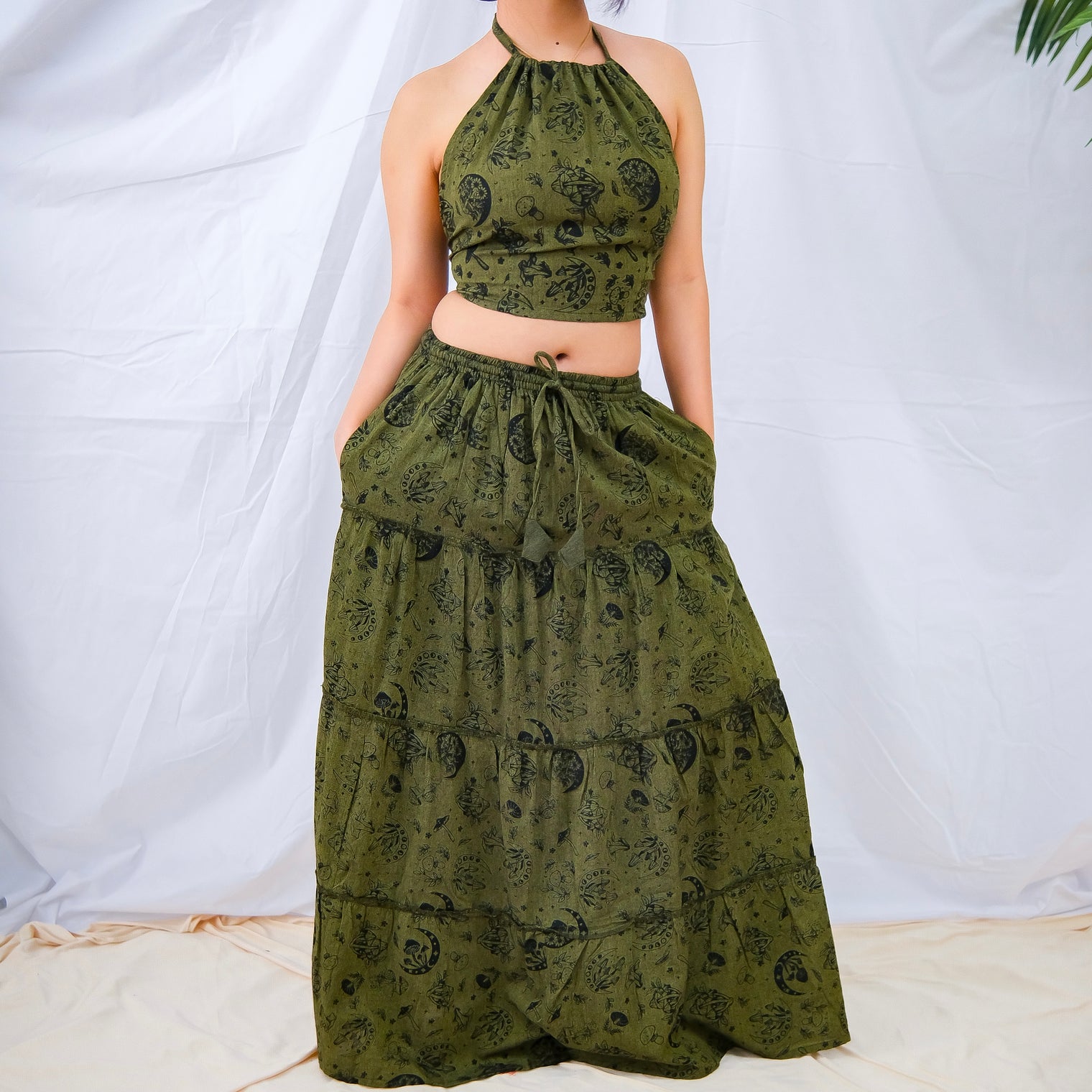 Flowy Tiered Mushroom Celestial Cotton Skirt with Halter Top