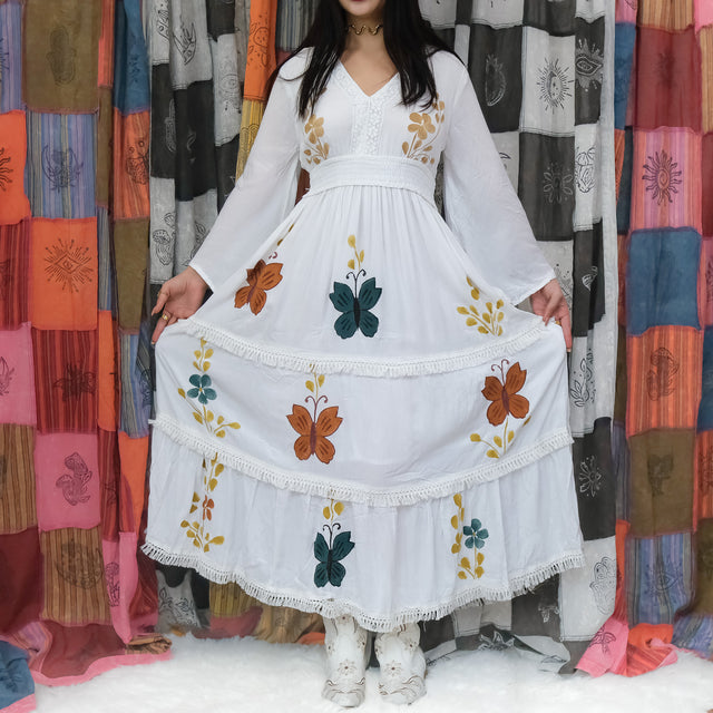 Hand Painted Butterfly Tiered Maxi Dress with Bell Sleeves
