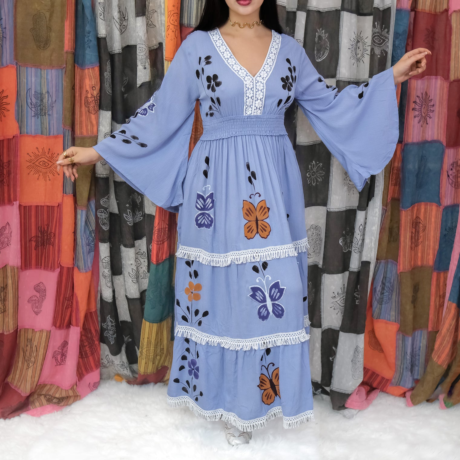 Hand Painted Butterfly Tiered Maxi Dress with Bell Sleeves