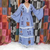 Hand Painted Butterfly Tiered Maxi Dress with Bell Sleeves