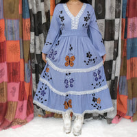 Hand Painted Butterfly Tiered Maxi Dress with Bell Sleeves