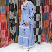 Hand Painted Butterfly Tiered Maxi Dress with Bell Sleeves