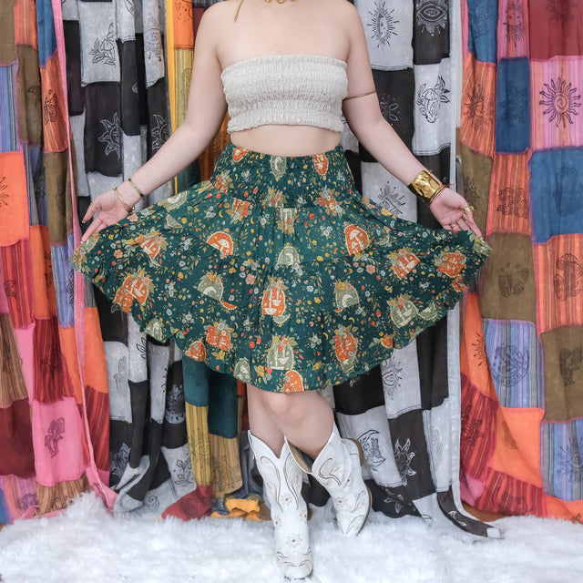 Cottagecore Mushroom & Moon Flowy Tiered Mini Skirt