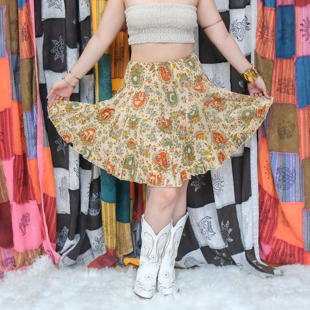 Cottagecore Mushroom & Moon Flowy Tiered Mini Skirt