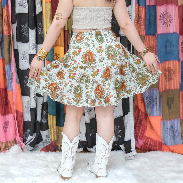 Cottagecore Mushroom & Moon Flowy Tiered Mini Skirt
