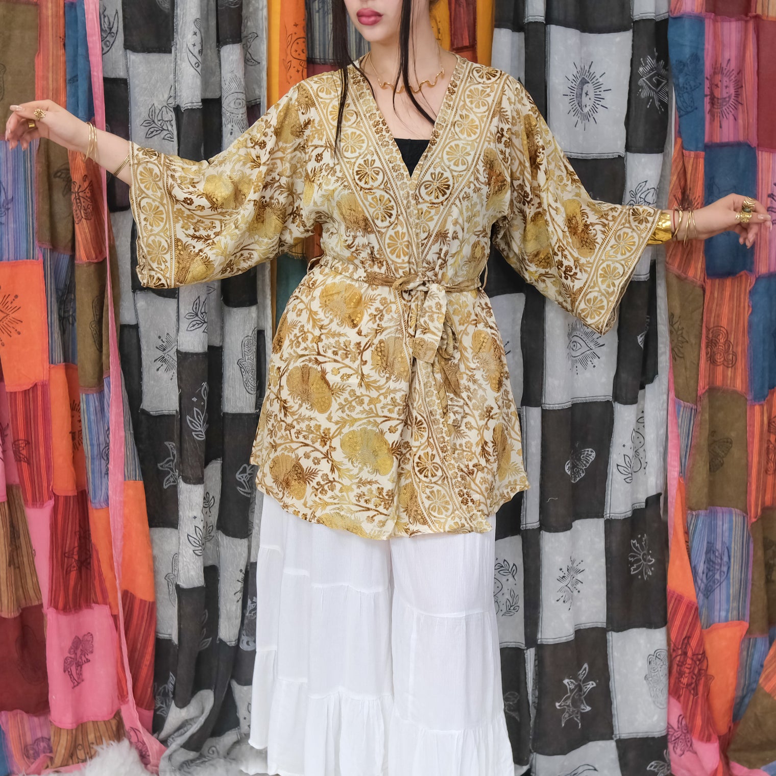 Recycled Boho Short Kimono with Pockets