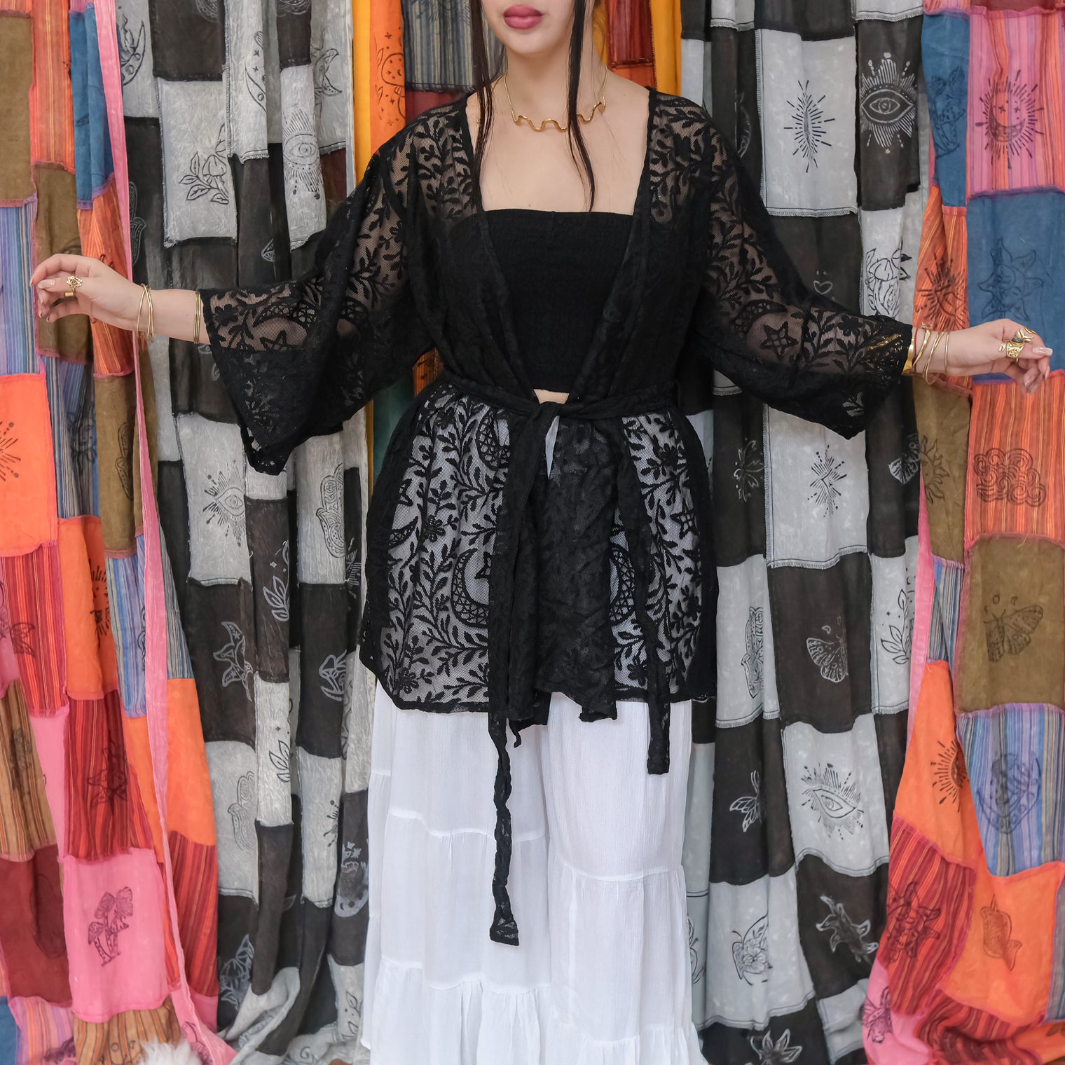 Sheer Celestial Lace Short Kimono with Pockets
