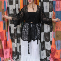 Sheer Celestial Lace Short Kimono with Pockets