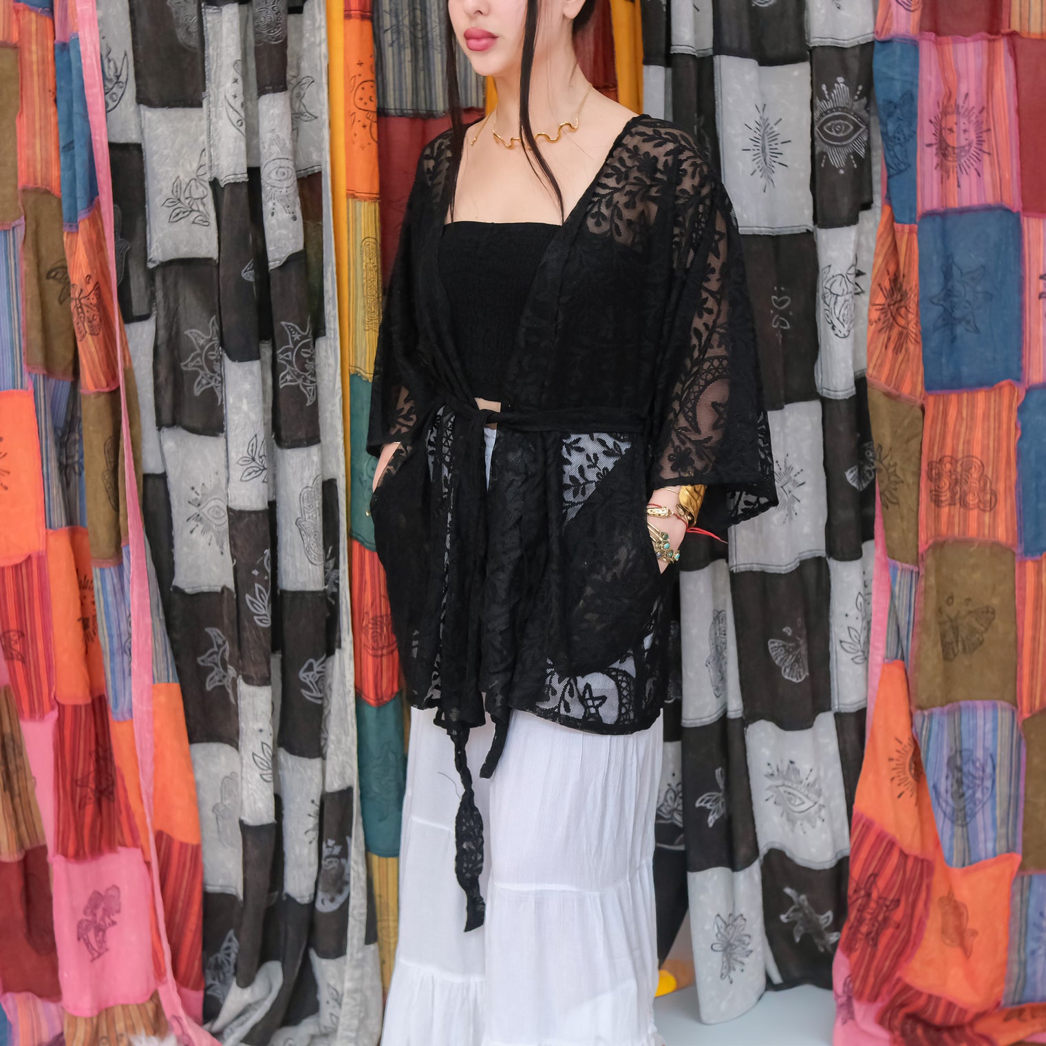 Sheer Celestial Lace Short Kimono with Pockets