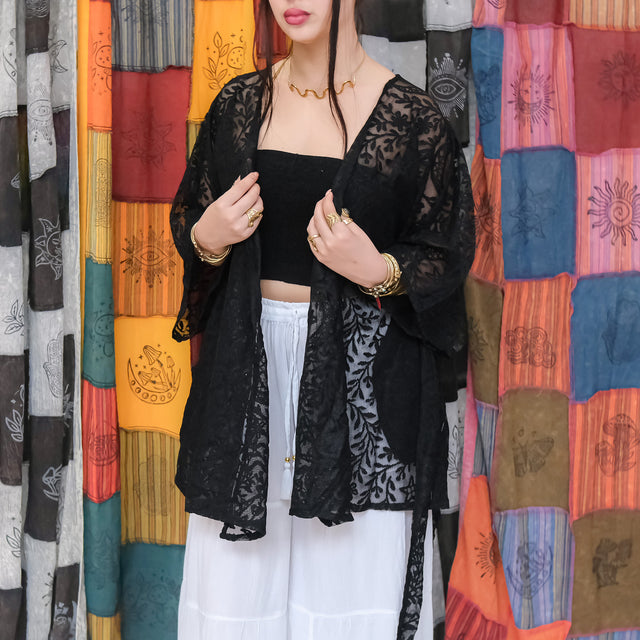 Sheer Celestial Lace Short Kimono with Pockets