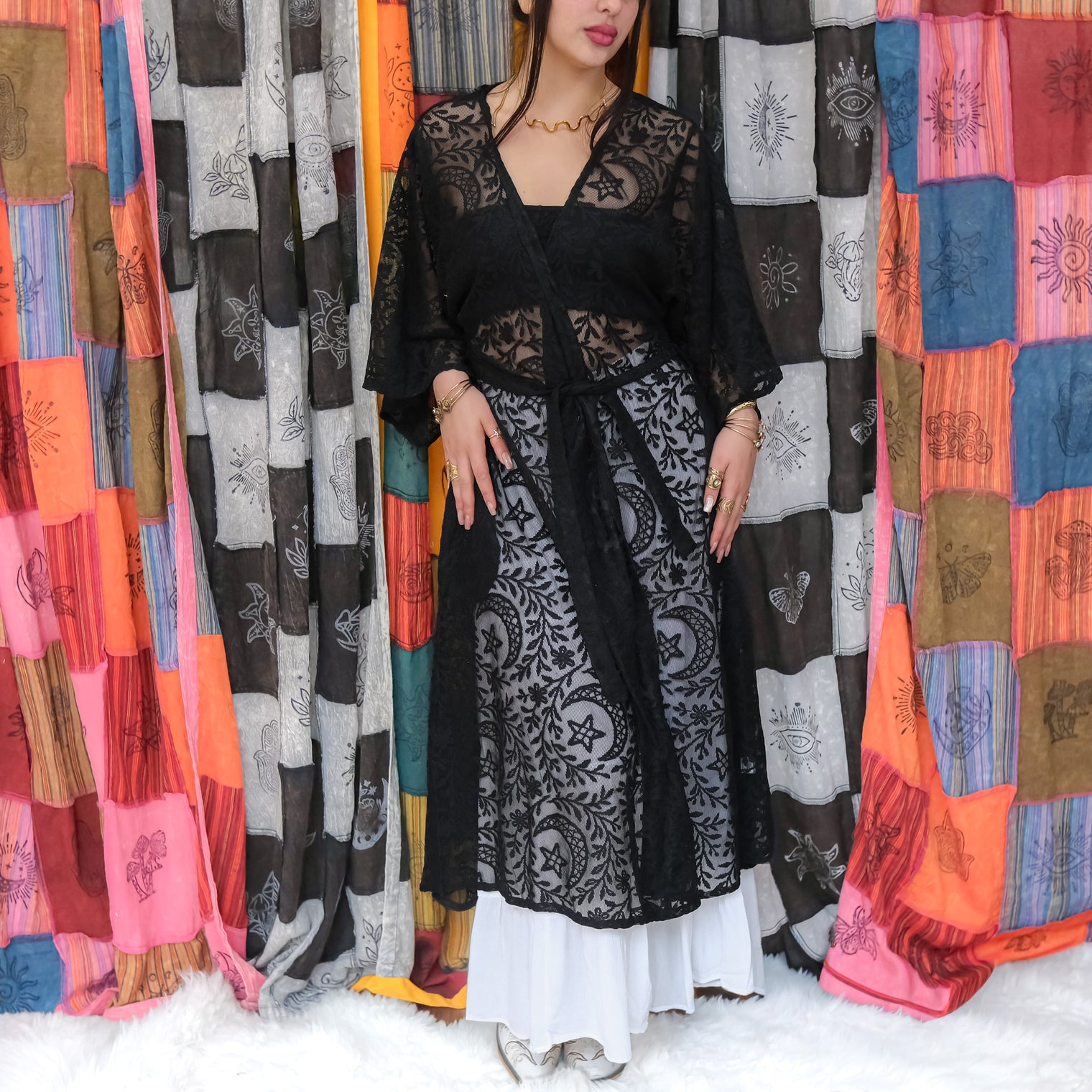 Celestial Sheer Lace Kimono with Pockets & Adjustable Tie