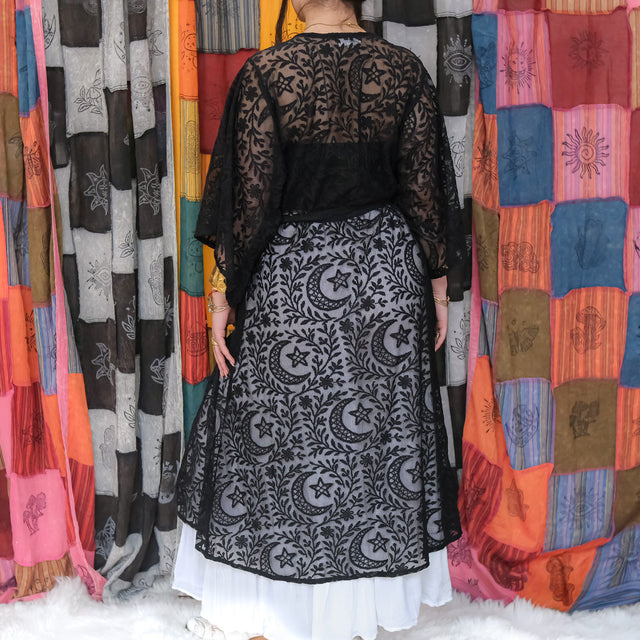 Celestial Sheer Lace Kimono with Pockets & Adjustable Tie