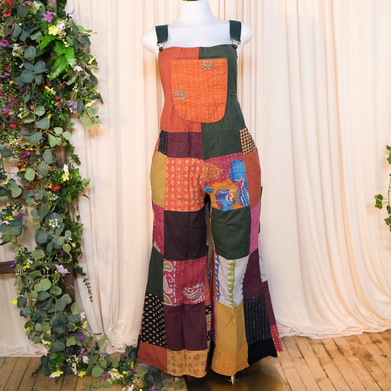 Kantha Patchwork Flowy Wide Leg Overalls