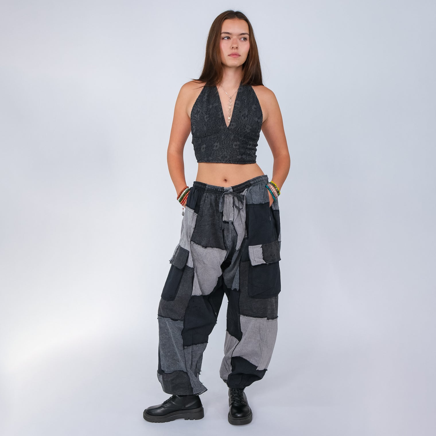 Patchwork Denim Look Earthy Baggy Pants