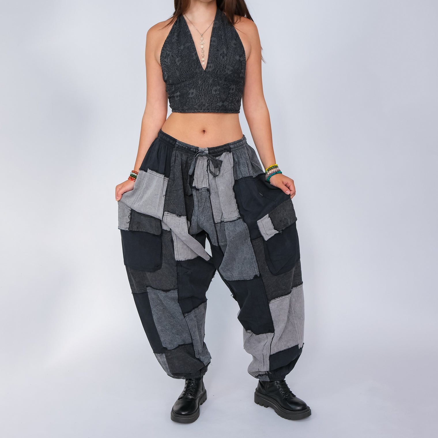Patchwork Denim Look Earthy Baggy Pants