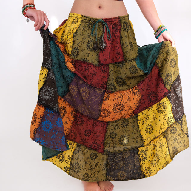 Patchwork Cotton Maxi Skirt with Pockets