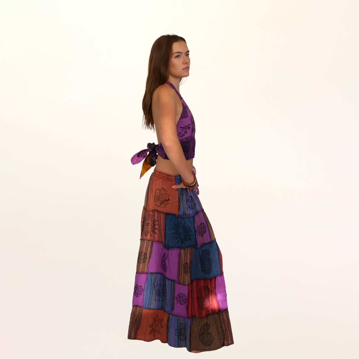 Patchwork Cotton Maxi Skirt with Pockets