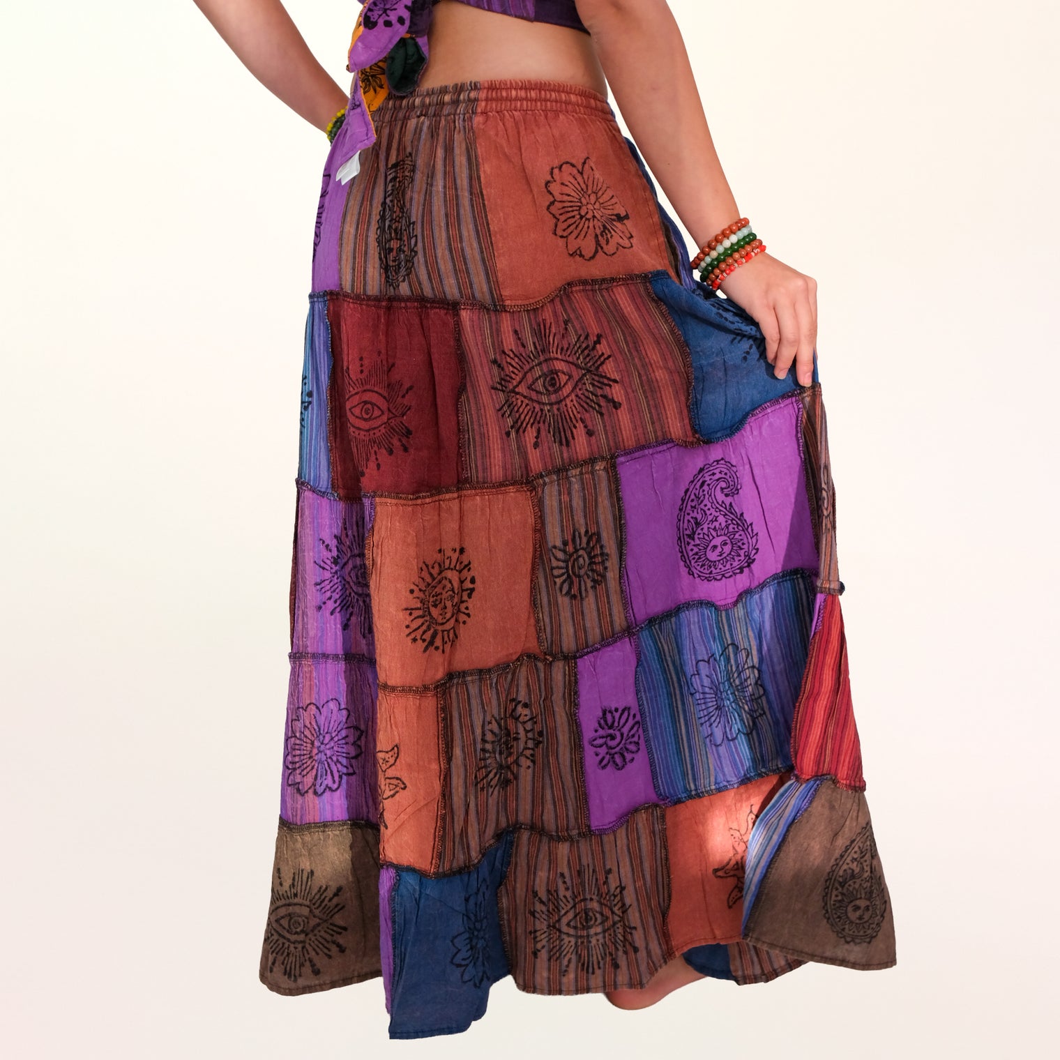 Patchwork Cotton Maxi Skirt with Pockets