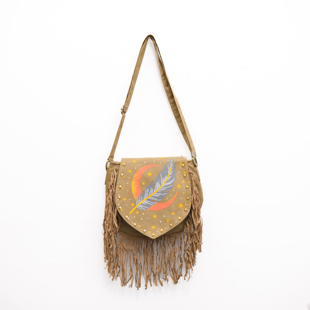 Cotton Moon & Feather Print Multi Pocket Festival Shoulder Bag with Fringe